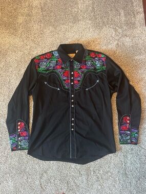 Scully Black Western Shirt with Red, Purple & Green Floral Embroidery